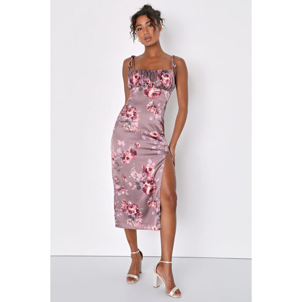 Lulus Fleur-ty Behavior Mauve Floral Satin Tie-strap Midi Dress Purple - Size S